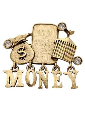 Gold Tone MONEY Charm Dangle Brooch Bank Bag Faux Gold Bar Pin L967